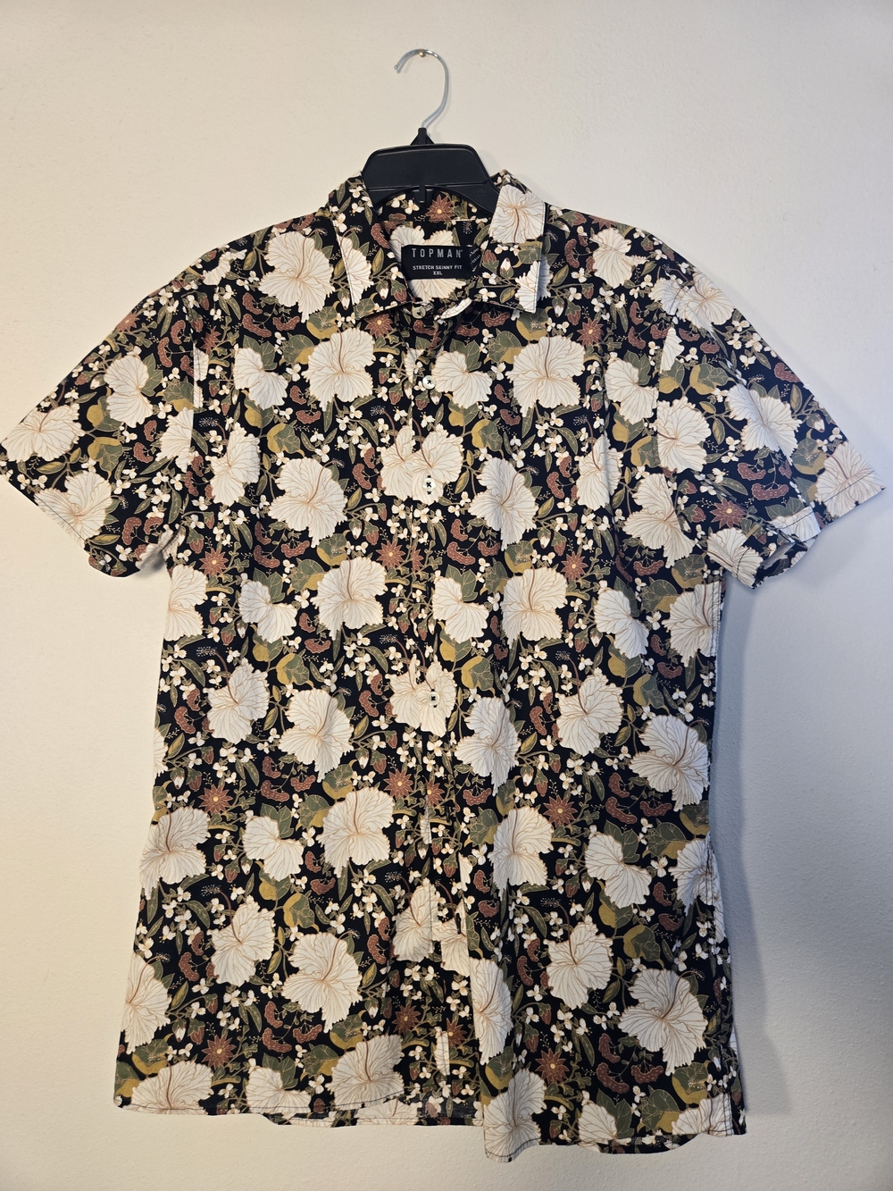 Topman Black Floral Short-Sleeve Button-Down Shirt with Cream and Olive Print